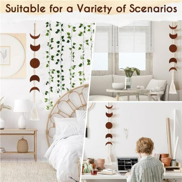 Moon Phase Wall Hanging Boho Wood Bead Tassel Decor for Bedroom Living Room - Picture 6 of 7